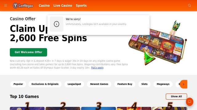 LeoVegas casino screenshot